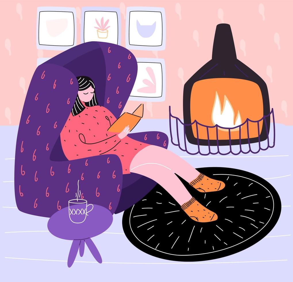 ilustración vectorial al estilo garabato con una chica descansando y leyendo un libro en casa. el concepto de hygge danés, anhelo de humor otoñal por la comodidad y la comodidad del hogar. vector