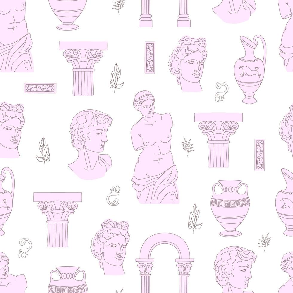 Seamless vintage pattern with antique statues on a pink background. vector