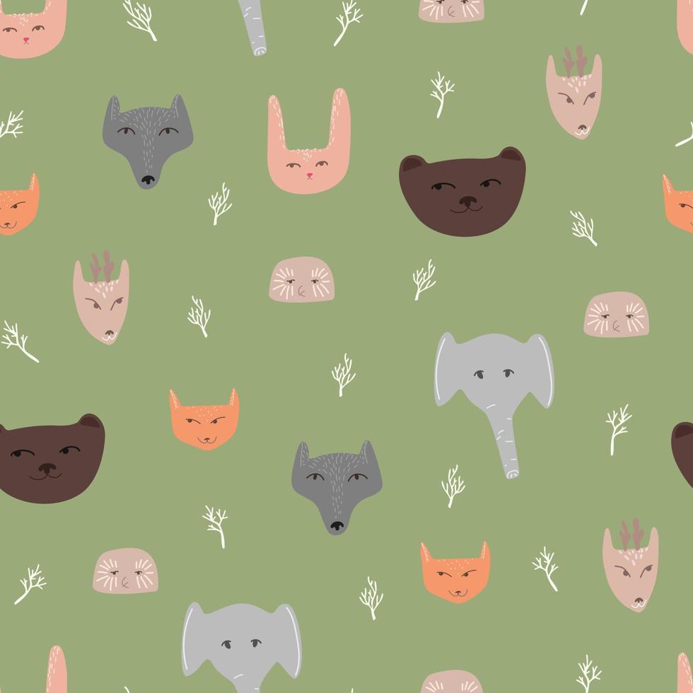 Seamless vector pattern with animal faces in doodle style. Children's pattern for printing on pastel linen and stationery.