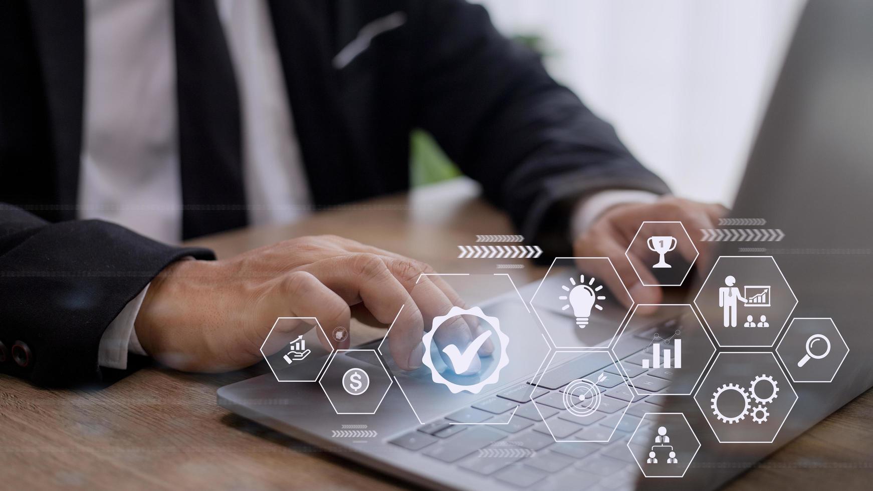 Business process management concept. Businessman touch on virtual innovation Operations management gears icons, High quality control , Problem solving, workflow, monitoring and innovation. photo