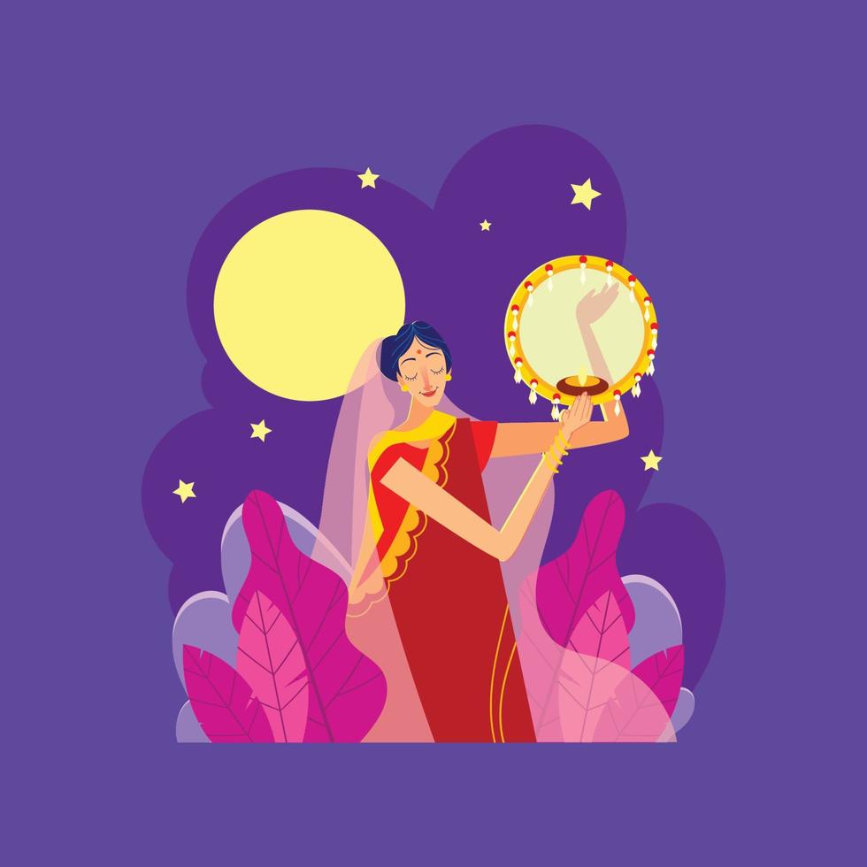 una mujer celebrando karwa chauth vector