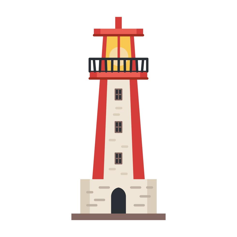 Sea detailed lighthouse icon isolated on white - vector. Beacon tower with searchlight lamp isolated icon. Vector nautical striped tower, navigation symbol, seafarer beacon.