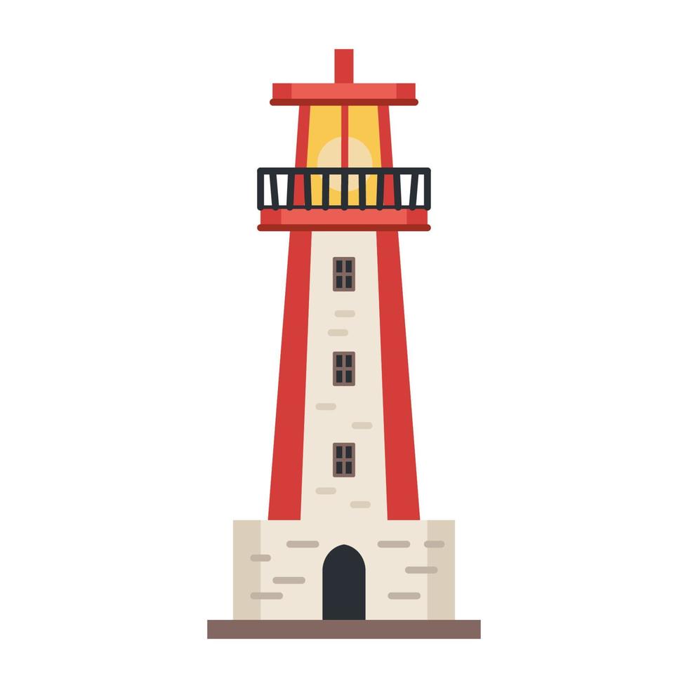 Sea detailed lighthouse icon isolated on white - vector. Beacon tower with searchlight lamp isolated icon. Vector nautical striped tower, navigation symbol, seafarer beacon.