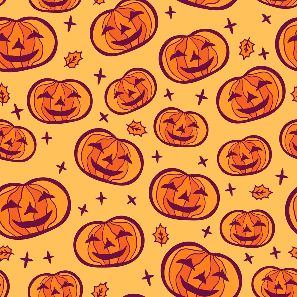 Seamless pattern of cute cartoon orange Halloween pumpkin on yellow background. Halloween background of magic elements. vector