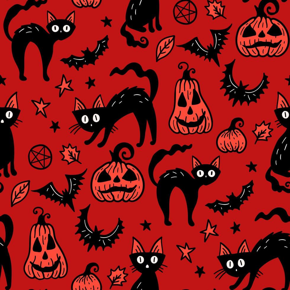 Seamless vector red pattern, magic hand drawn doodle. Magic cat, pumpkin, bat. Mystical holiday pattern.