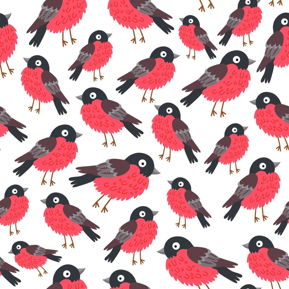 fondo de camachuelos de aves de patrones sin fisuras para niños. plantilla de diseño de niños lindos. iconos brillantes para textiles, papel de envolver, tarjetas de felicitación o carteles para jardín de infantes vector