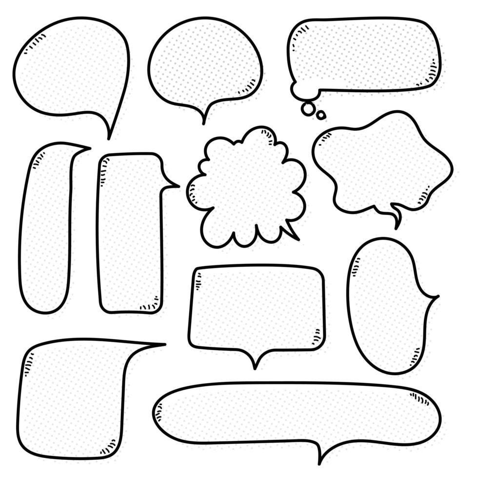 collection set of cute hand drawn line,  polka dots, halftone blank speech bubble balloon, black and white color, think speak talk concept, flat design vector illustration