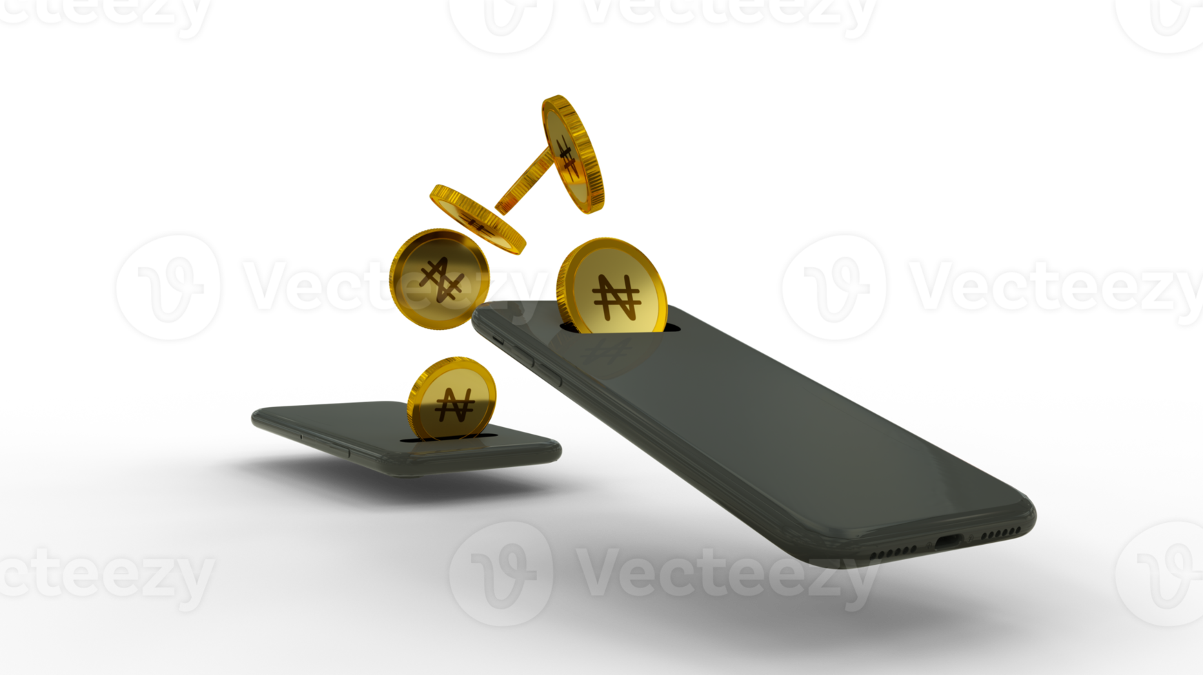 3D rendering of an abstract Nigerian naira coins concept transferring from one phone to another. mobile money transaction concept. money coming out of mobile phone png