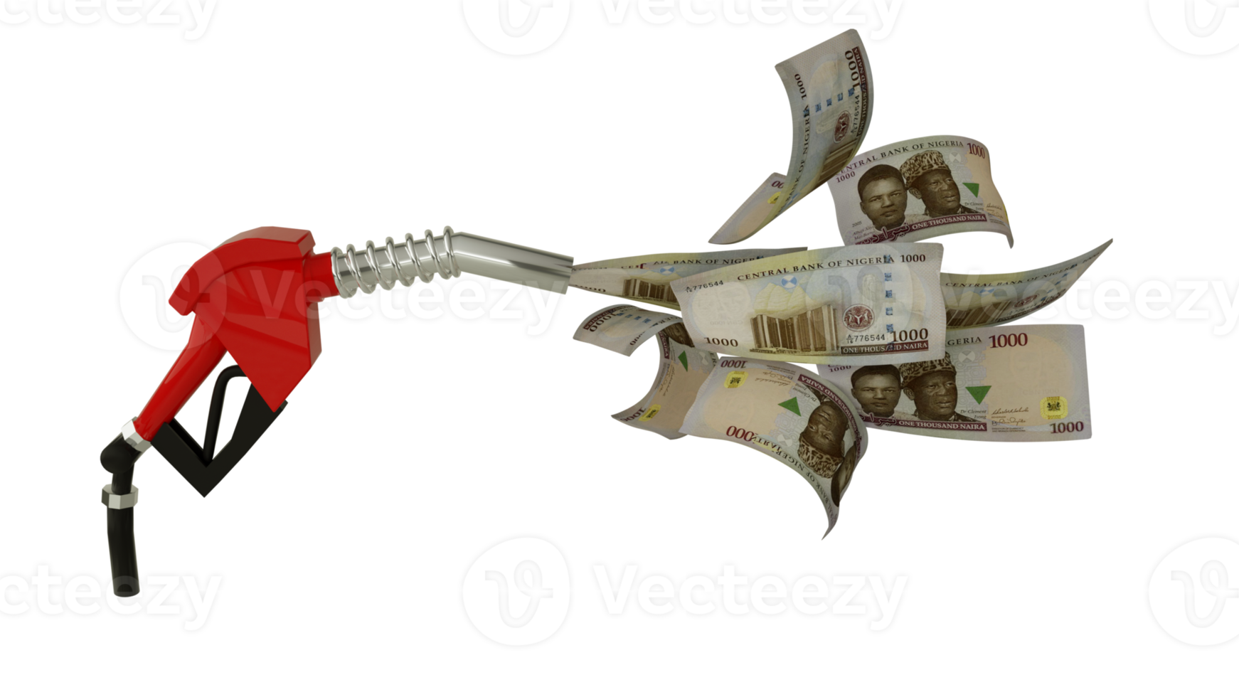 3d rendering of Nigerian naira notes coming out from fuel pump. red fuel nozzle with naira flying around png