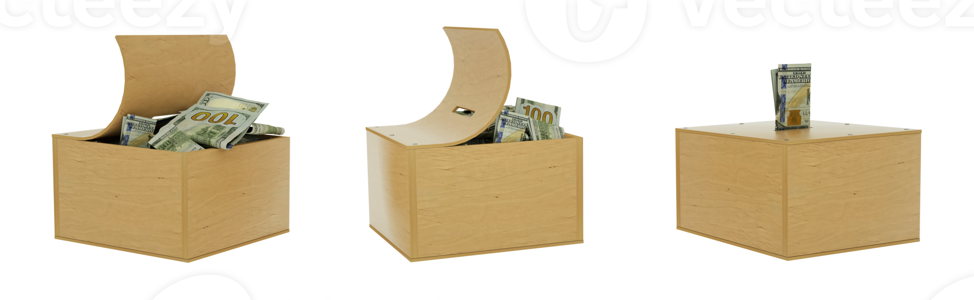 Billetes de 100 dólares estadounidenses dentro de una caja de ahorros de madera. conjunto de concepto de ahorro. hucha genérica, hucha, caja de dinero. representación 3d png