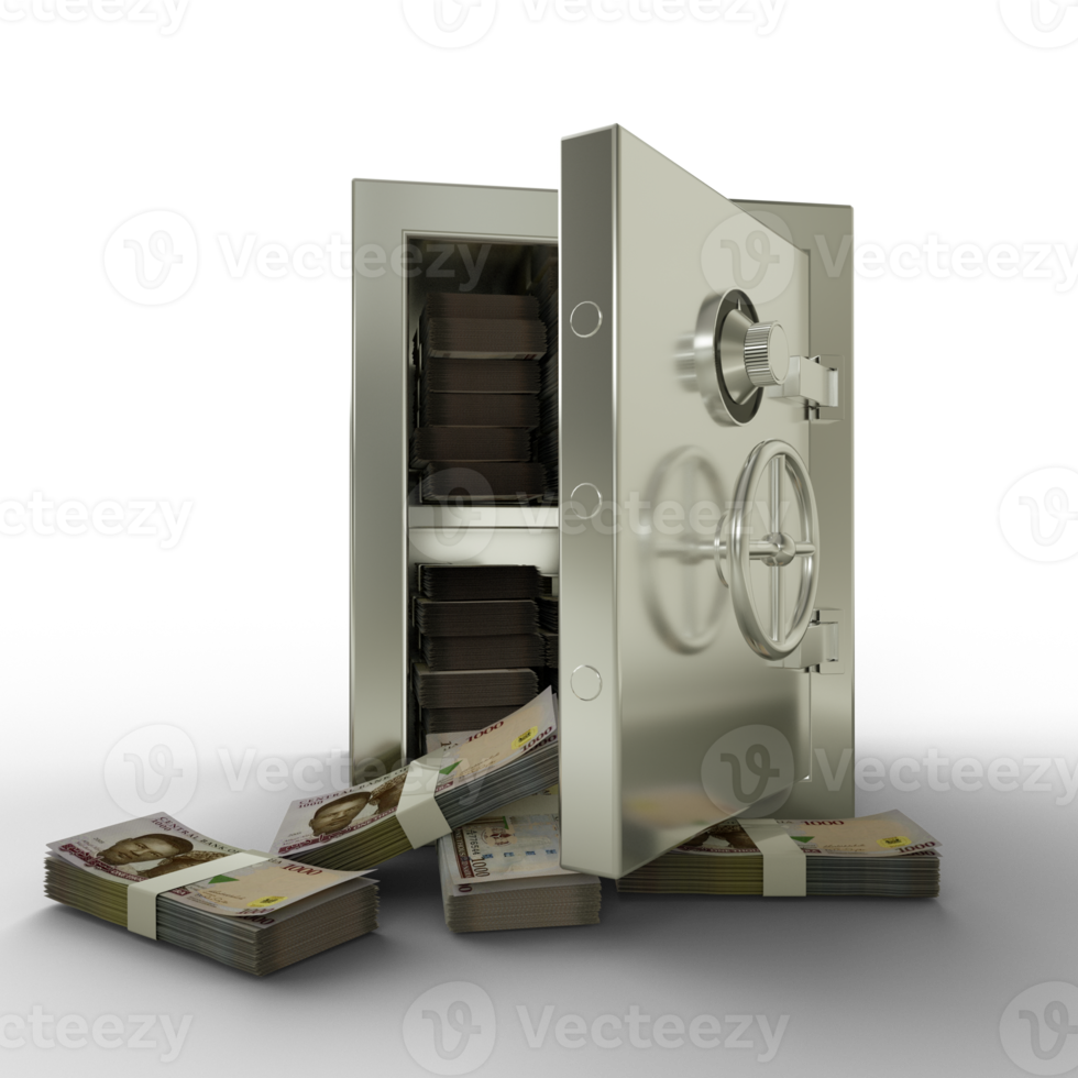 Bundles of Nigerian naira in Steel safe box. 3D rendering of stacks of money inside metallic vault isolated on transparent background, Financial protection concept, financial safety. png