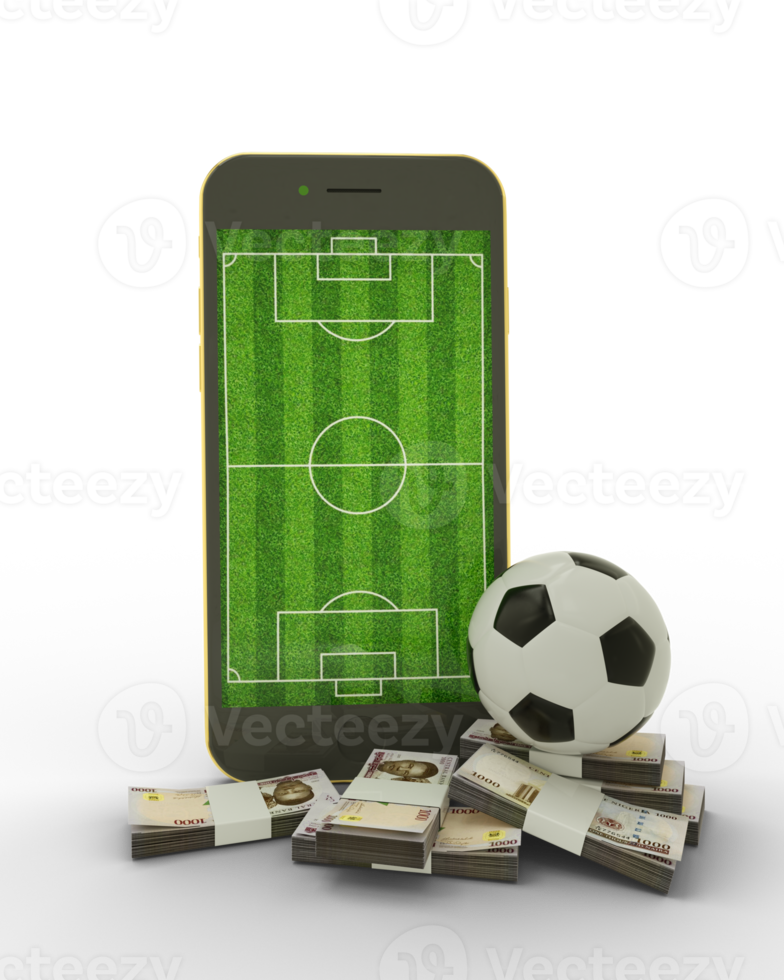 3D rendering of a mobile phone with soccer field on screen, soccer ball and stacks of Nigerian naira notes isolated on transparent background. png