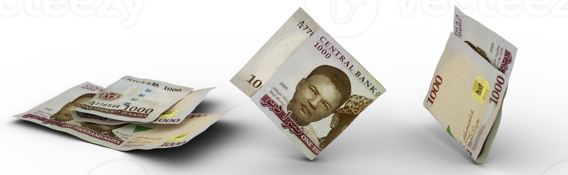 conjunto de nota de 1000 naira nigeriana isolada no fundo branco. renderização em 3D png