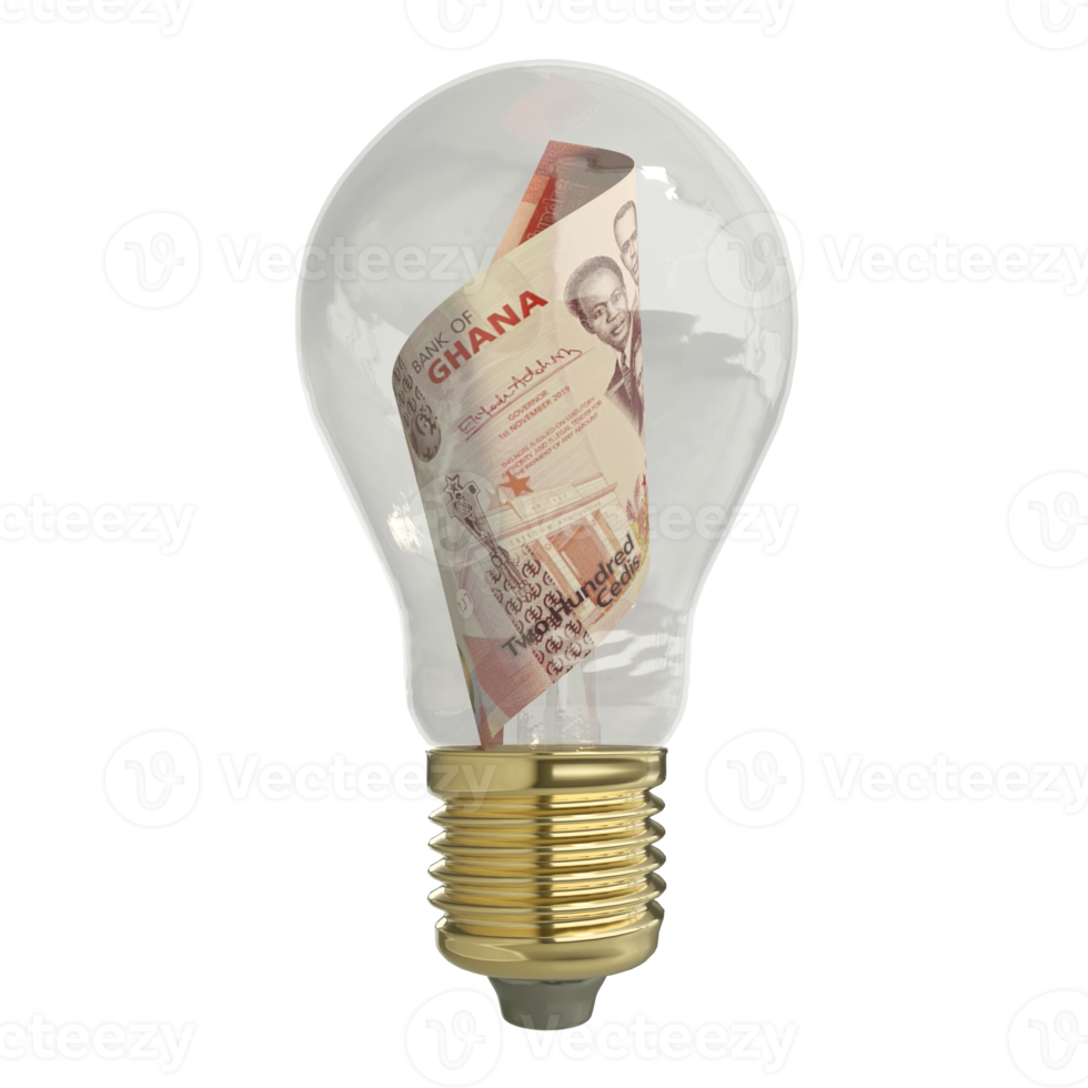 3d rendering of Ghanaian cedi note inside transparent light bulb isolated on transparent background, creative thinking. Making money by solving problem. idea concept png