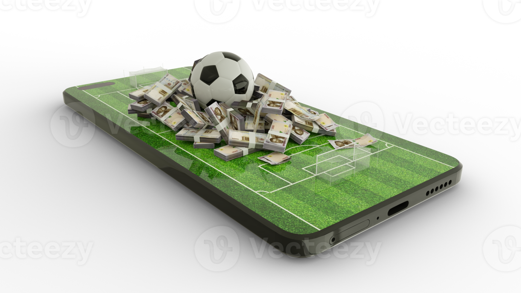 rendu 3d des paris sur le football par téléphone portable. notes de football et nigeria naira sur l'écran du téléphone. terrain de football sur écran de smartphone isolé sur fond transparent. parier et gagner concept png