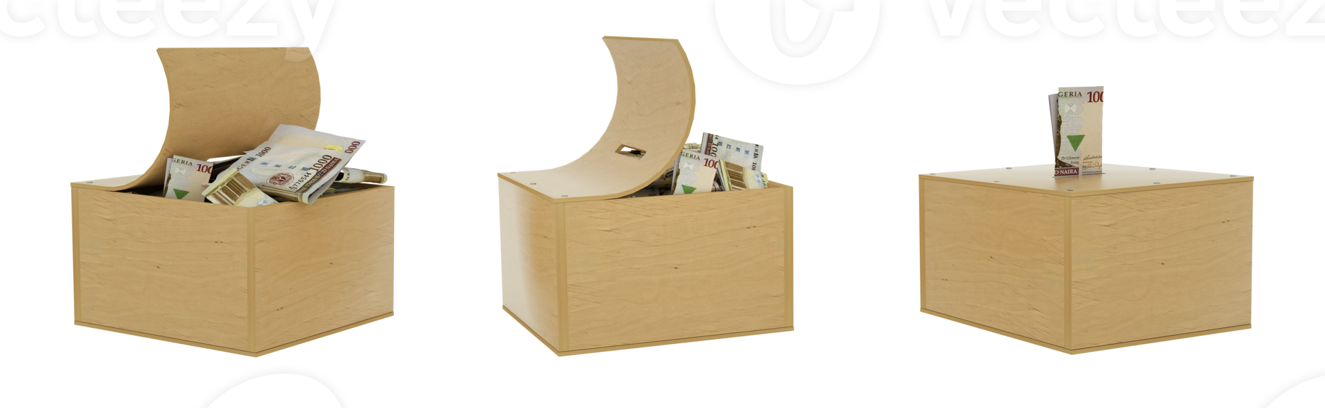 Nigerian Naira notes inside an open wooden savings box. set of savings concept. Generic Piggy Bank, Penny Bank, Money Box. 3d rendering png