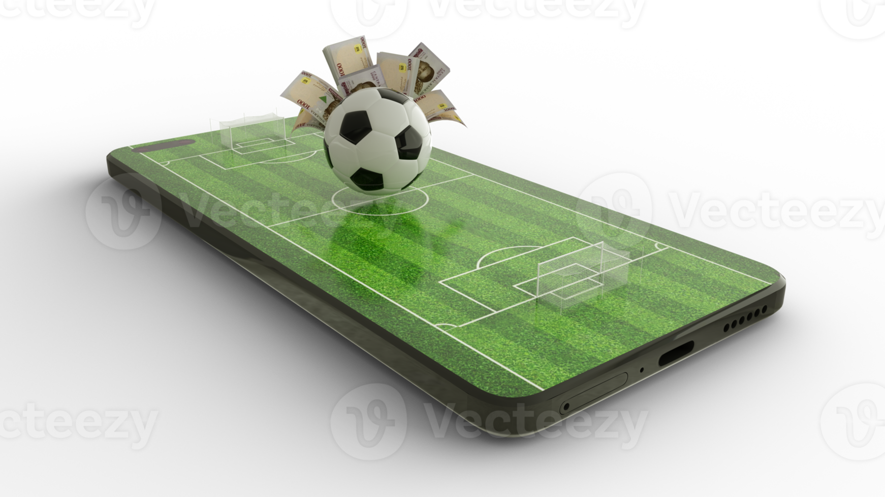 3D-Rendering von Handy-Fußballwetten. Fußball- und Nigeria-Naira-Notizen auf dem Telefonbildschirm. Fußballplatz auf Smartphone-Bildschirm isoliert auf transparentem Hintergrund. wetten und gewinnen konzept png