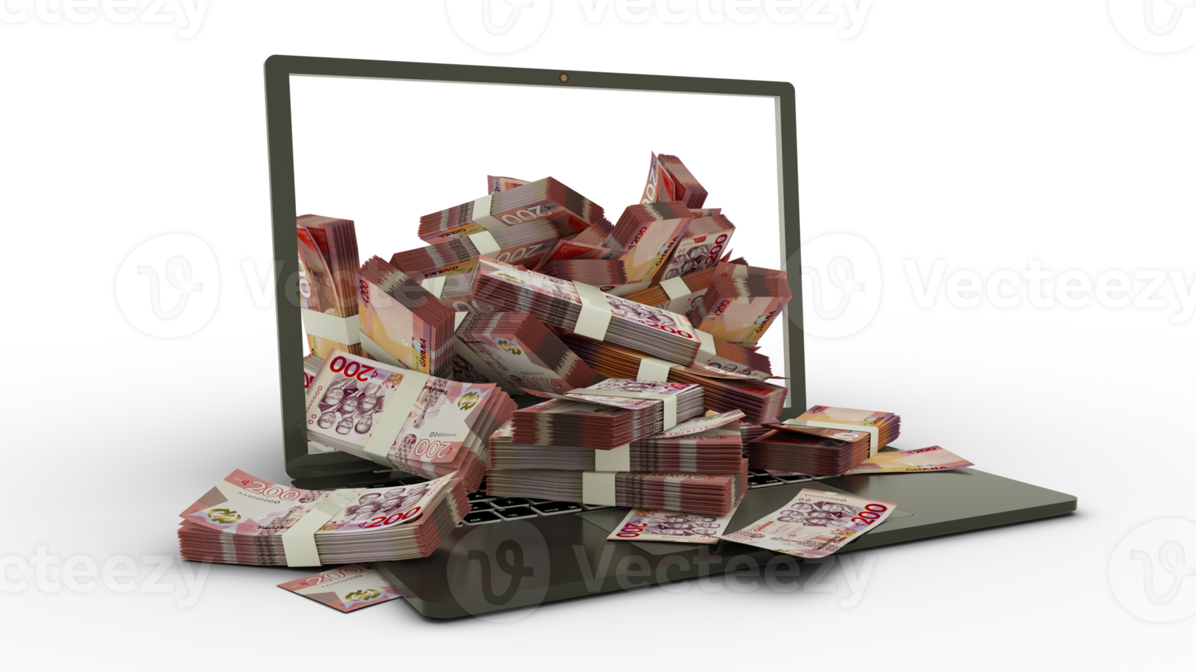 3D rendering of Ghanaian cedi notes coming out of a Laptop monitor isolated on transparent background. stacks of Ghanaian cedi notes inside a laptop. money from computer, money from laptop png