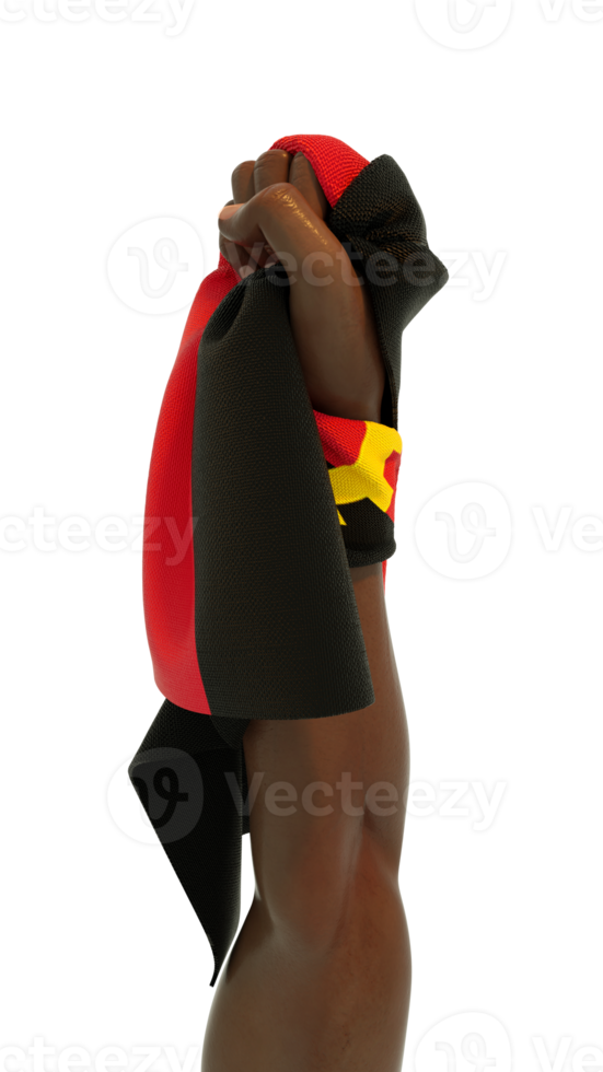 Hand fist holding Angolan flag. Hand lifted and grabbing flag isolated on transparent background. 3d rendering of Flag wrapped around fist png