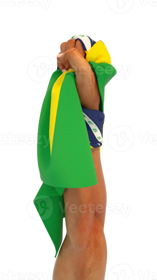 Hand fist holding Brazilian flag. Hand lifted and grabbing flag isolated on transparent background. 3d rendering of Flag wrapped around fist png