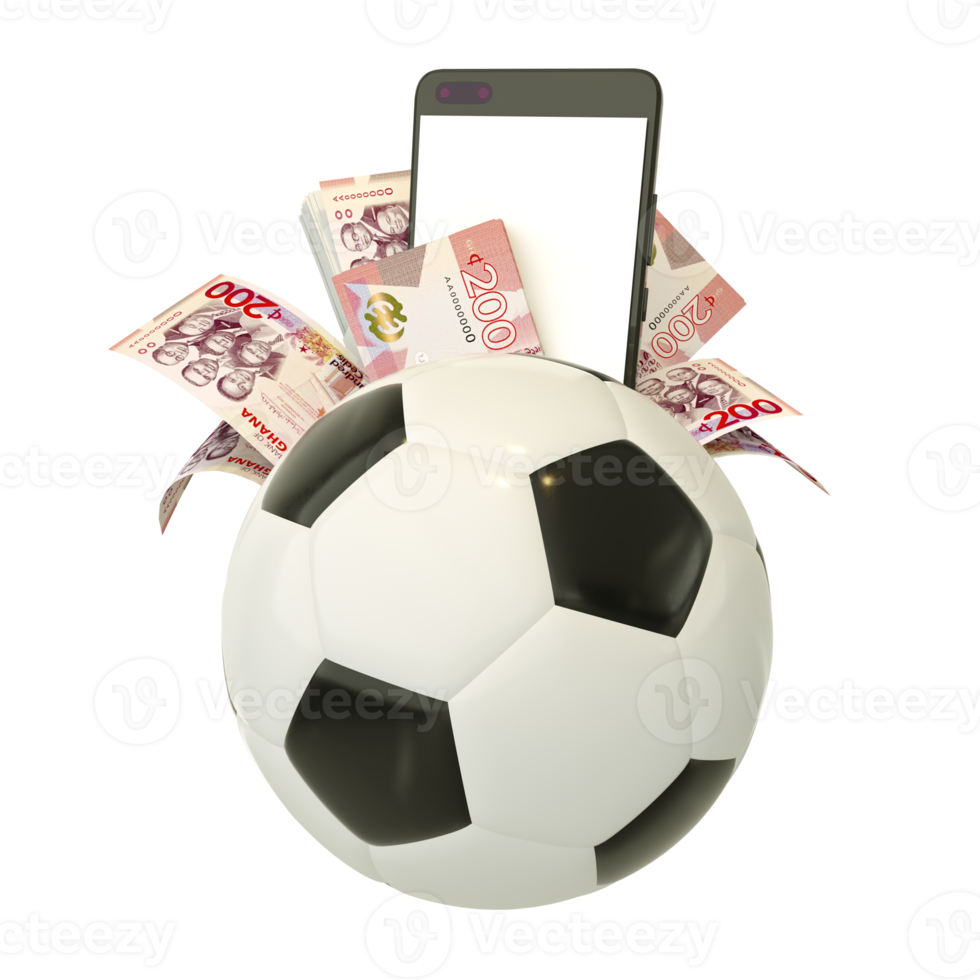 3d rendering of Ghanaian cedi notes behind soccer ball. Sports betting, soccer betting concept isolated on transparent background png