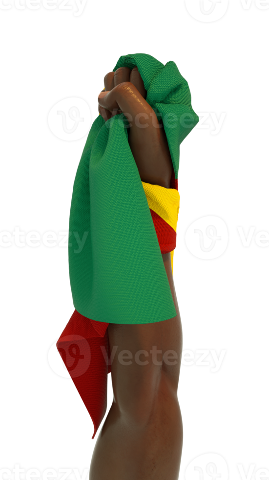 mão em punho segurando a bandeira do benin. mão levantada e agarrando a bandeira isolada em fundo transparente. renderização 3D da bandeira enrolada no punho png