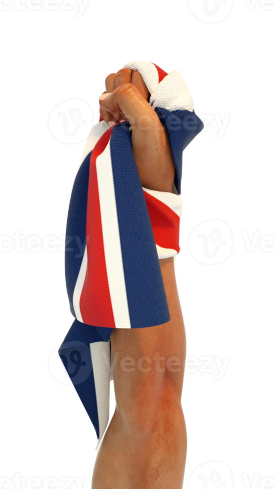 puño de mano sosteniendo la bandera británica. mano levantada y agarrando la bandera aislada en un fondo transparente. representación 3d de la bandera envuelta alrededor del puño png