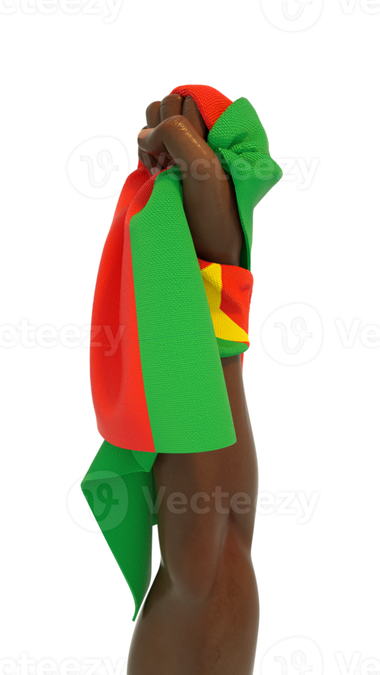 Hand fist holding Burkinabe flag. Hand lifted and grabbing flag isolated on transparent background. 3d rendering of Flag wrapped around fist png