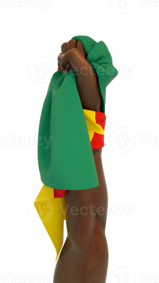 handfaust, die kamerunische flagge hält. hand gehoben und greiffahne isoliert auf transparentem hintergrund. 3D-Darstellung der um die Faust gewickelten Flagge png