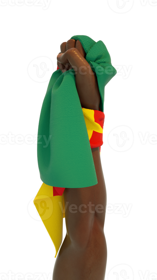 Hand fist holding Cameroonian flag. Hand lifted and grabbing flag isolated on transparent background. 3d rending of Flag wrapped around fist png