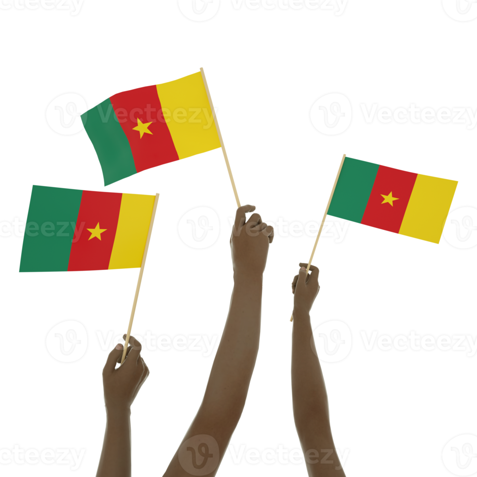 zwart hand- Holding Kameroense vlag, hand- hijs- vlag, hand- verhogen vlag, 3d renderen van reeks van handen Holding vlag geïsoleerd Aan transparant achtergrond png