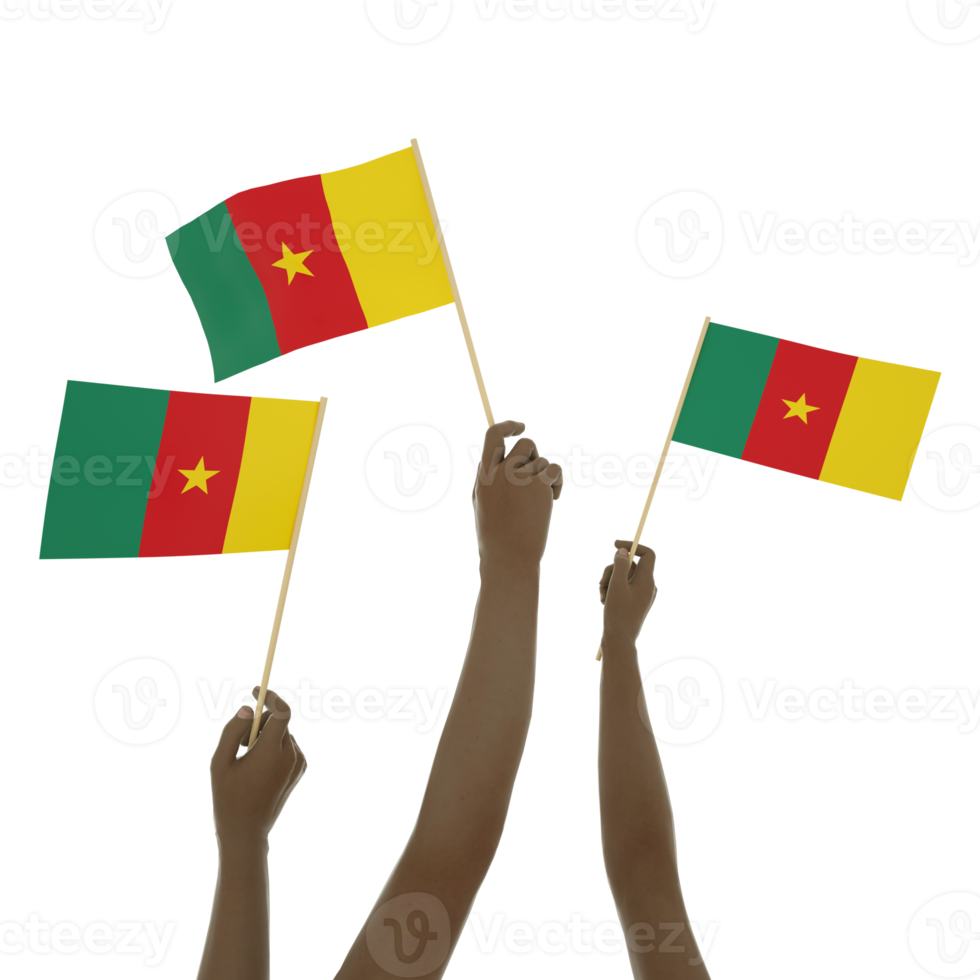 Black hand holding Cameroonian flag, Hand lifting flag, Hand raising flag, 3d rendering of set of hands holding flag isolated on transparent background png