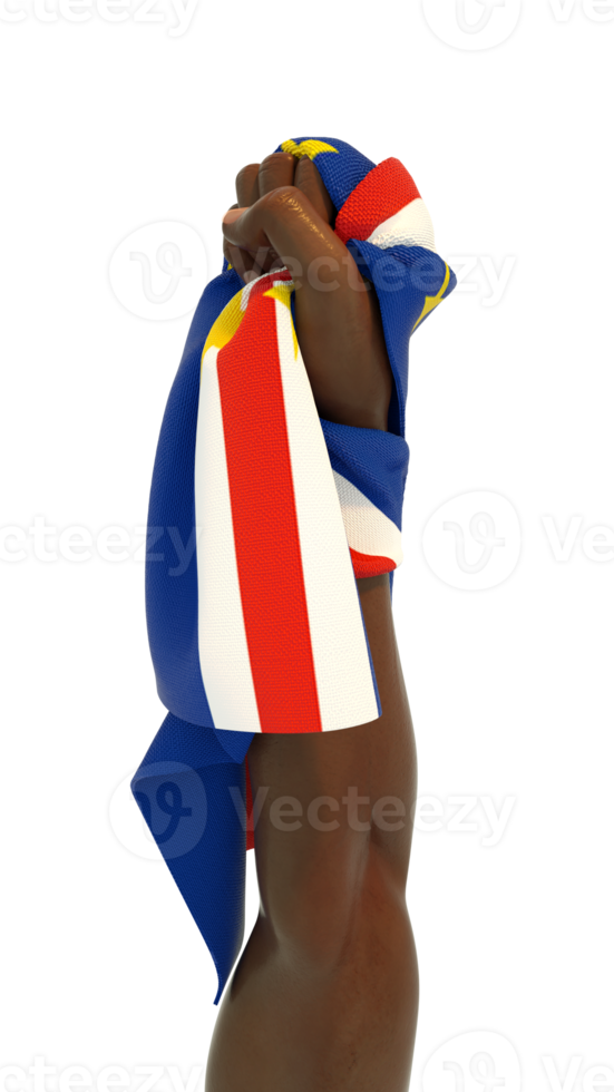 Fisted hand holding Cape Verdean flag. Hand lifted and grabbing flag isolated on transparent background. 3d rendering of Flag wrapped around fist png