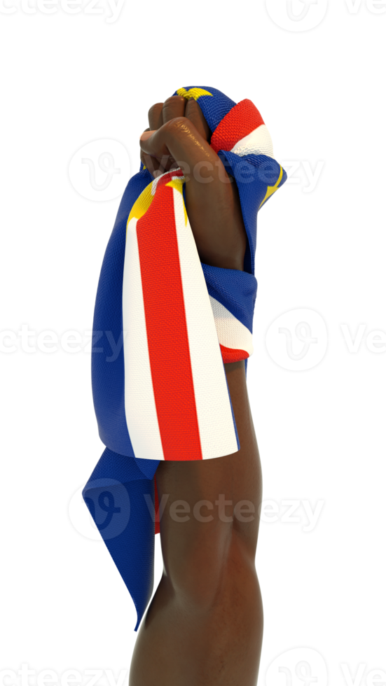 fisted hand innehav cape verdean flagga. hand lyft och gripa tag i flagga isolerat på transparent bakgrund. 3d tolkning av flagga insvept runt om näve png