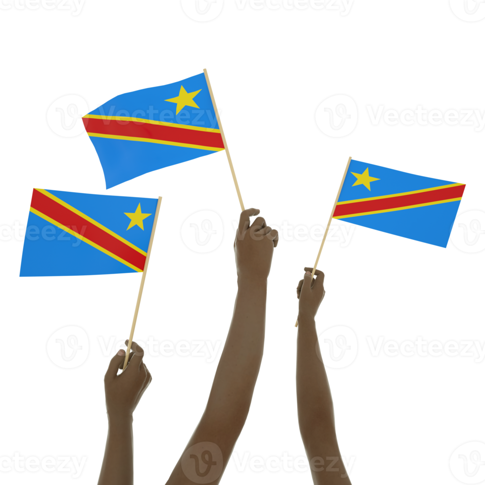 zwart hand- Holding Congolees vlag, hand- hijs- vlag, hand- verhogen vlag, 3d renderen van reeks van handen Holding vlag geïsoleerd Aan transparant achtergrond png