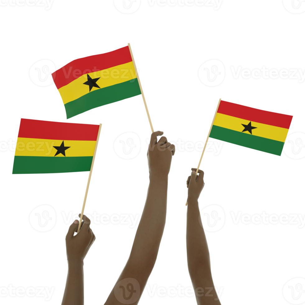 Black hand holding Ghanaian flag, Hand lifting flag, Hand raising flag, 3d rendering of set of hands holding flag isolated on transparent background png