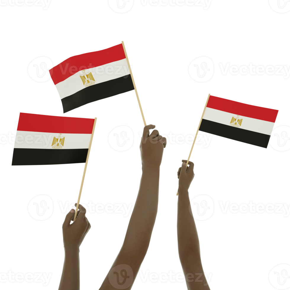 Black hand holding Egyptian flag, Hand lifting flag, Hand raising flag, 3d rendering of set of hands holding flag isolated on transparent background png