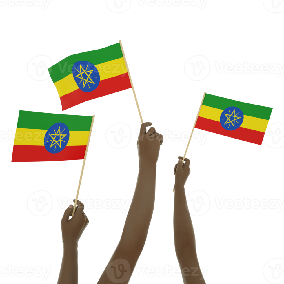 Black hand holding Ethiopian flag, Hand lifting flag, Hand raising flag, 3d rendering of set of hands holding flag isolated on transparent background png
