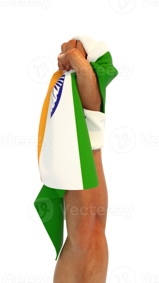 puño de mano sosteniendo la bandera india. mano levantada y agarrando la bandera aislada en un fondo transparente. 3d desgarrando la bandera envuelta alrededor del puño png