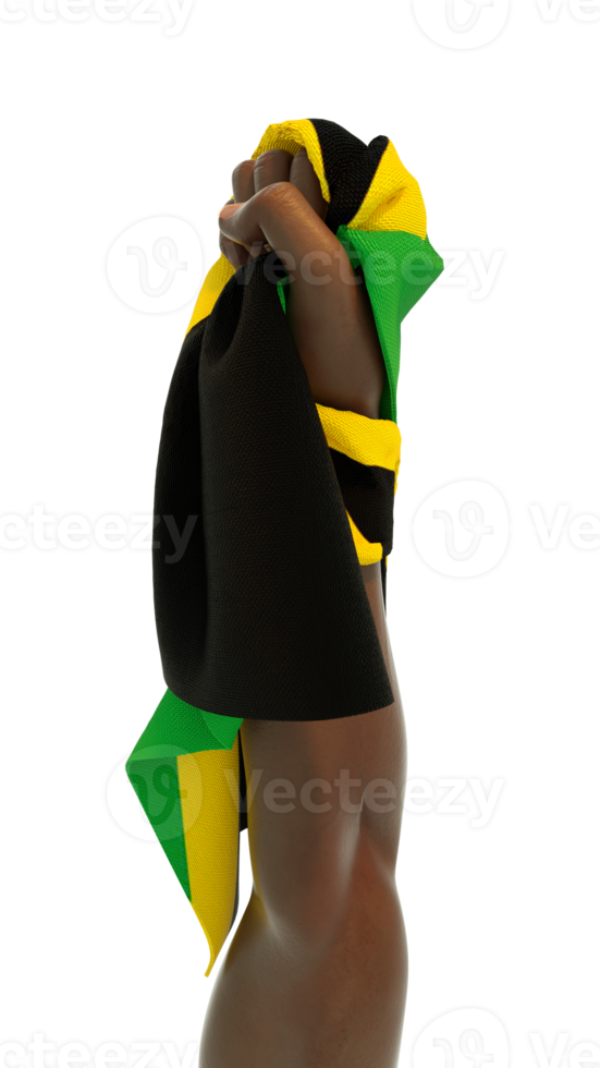 Hand fist holding Jamaican flag. Hand lifted and grabbing flag isolated on transparent background. 3d rending of Flag wrapped around fist png