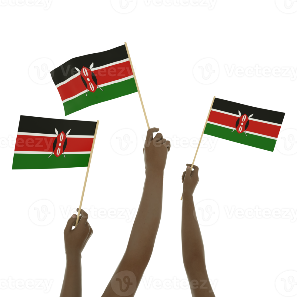 Black hand holding Kenyan flag, Hand lifting flag, Hand raising flag, 3d rendering of set of hands holding flag isolated on transparent background png