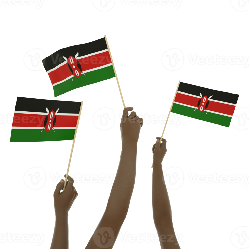 nero mano Tenere keniano bandiera, mano sollevamento bandiera, mano raccolta bandiera, 3d interpretazione di impostato di mani Tenere bandiera isolato su trasparente sfondo png