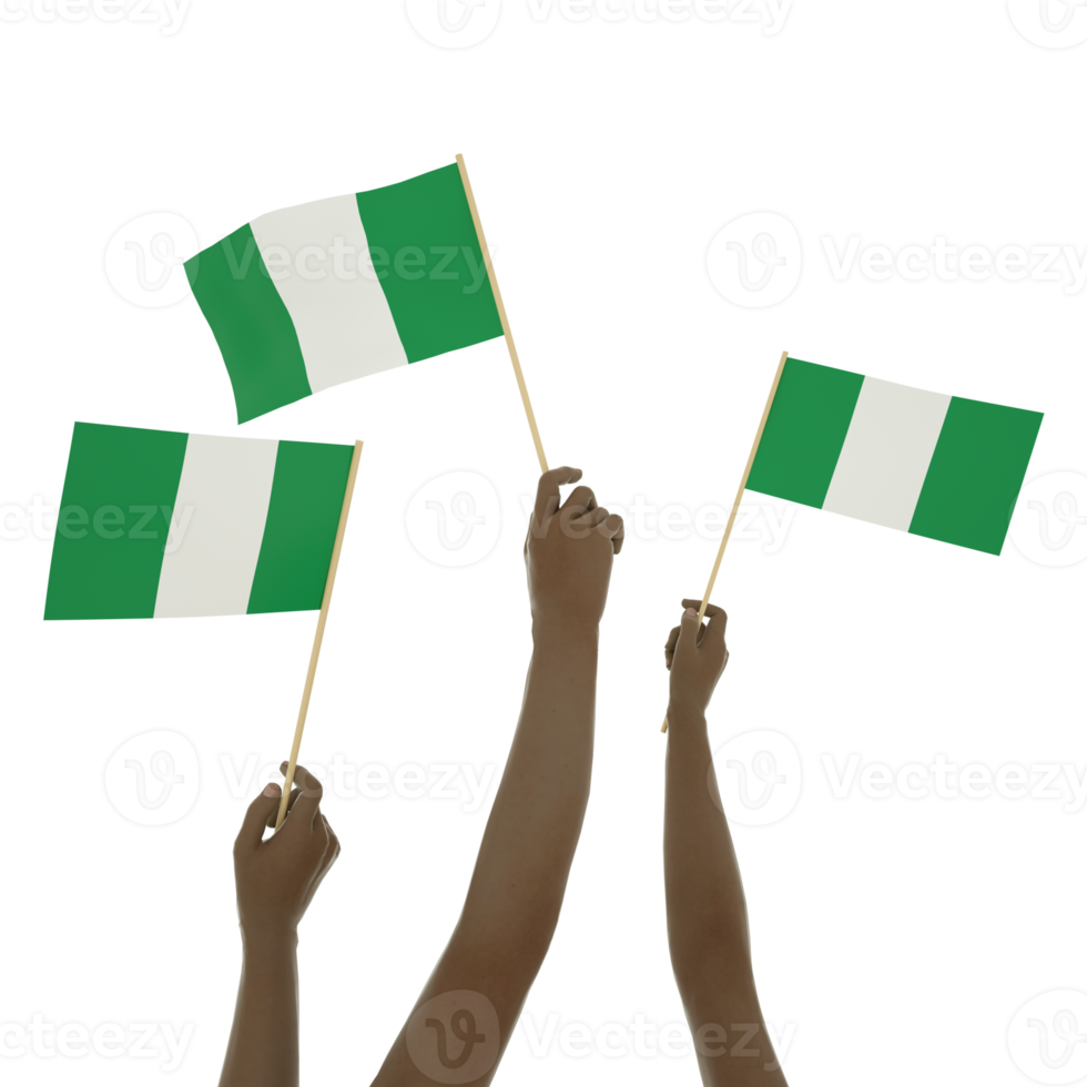 Black hand holding Nigerian flag, Hand lifting flag, Hand raising flag, 3d rendering of set of hands holding flag isolated on transparent background png