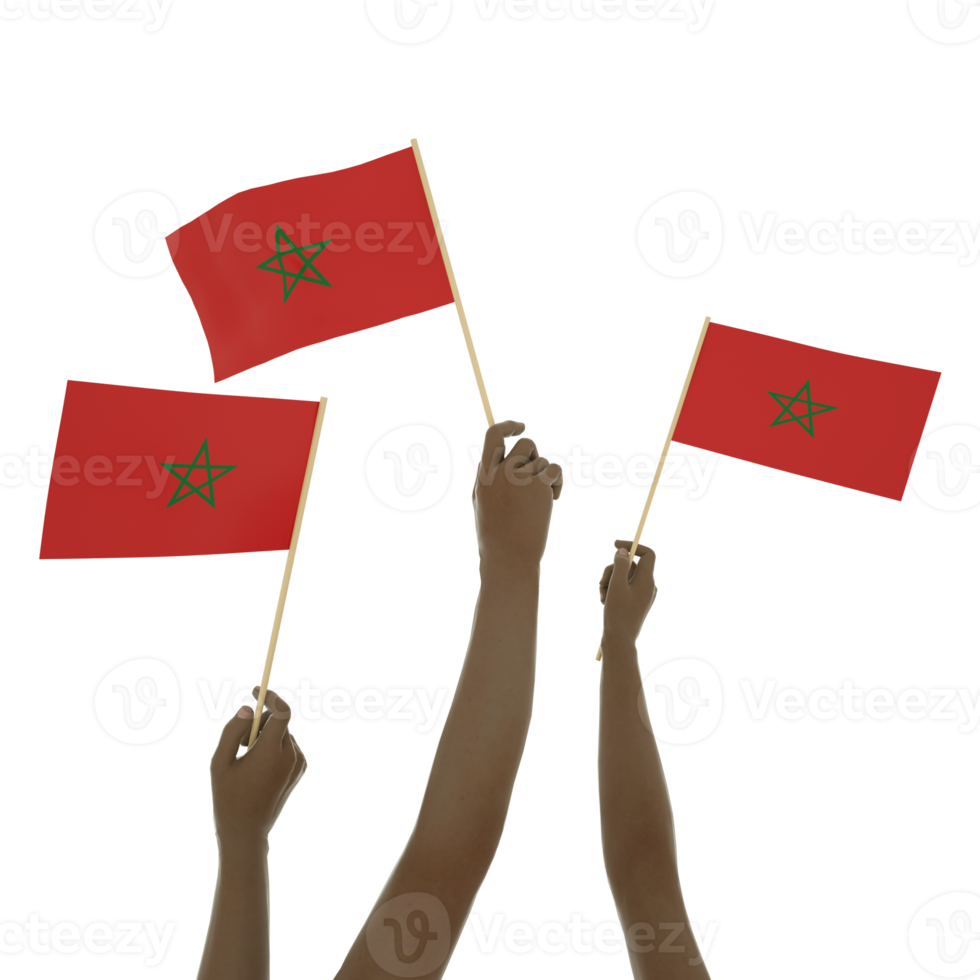 Black hand holding Moroccan flag, Hand lifting flag, Hand raising flag, 3d rendering of set of hands holding flag isolated on transparent background png