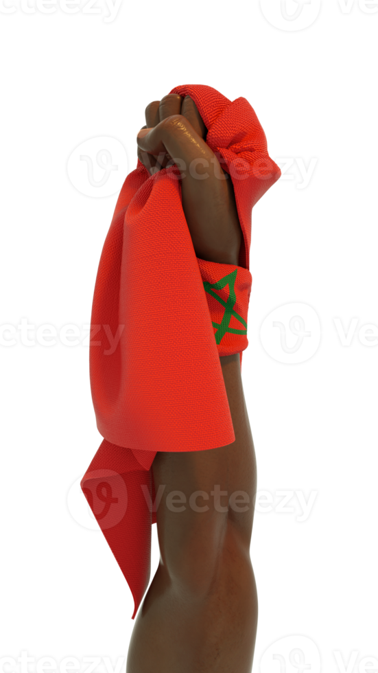 Fisted hand holding Moroccan flag. Hand lifted and grabbing flag isolated on transparent background. 3d rending of Flag wrapped around fist png