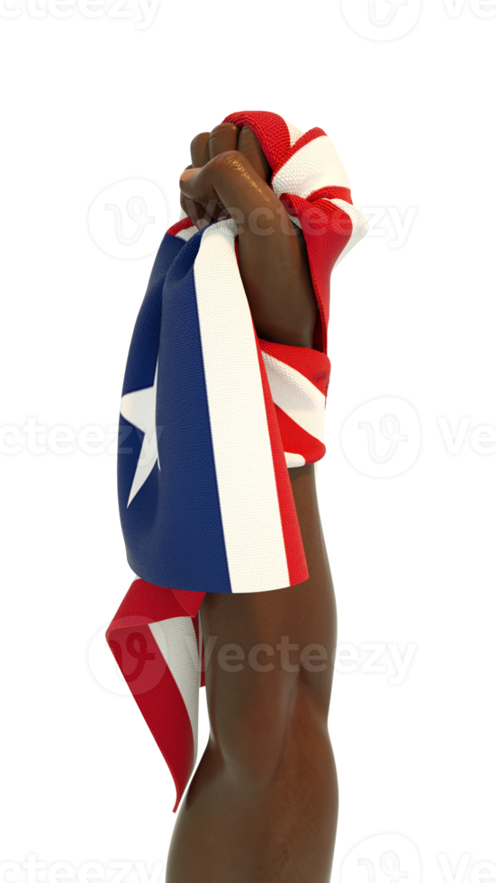 puño de mano sosteniendo la bandera liberiana. mano levantada y agarrando la bandera aislada en un fondo transparente. representación 3d de la bandera envuelta alrededor del puño png