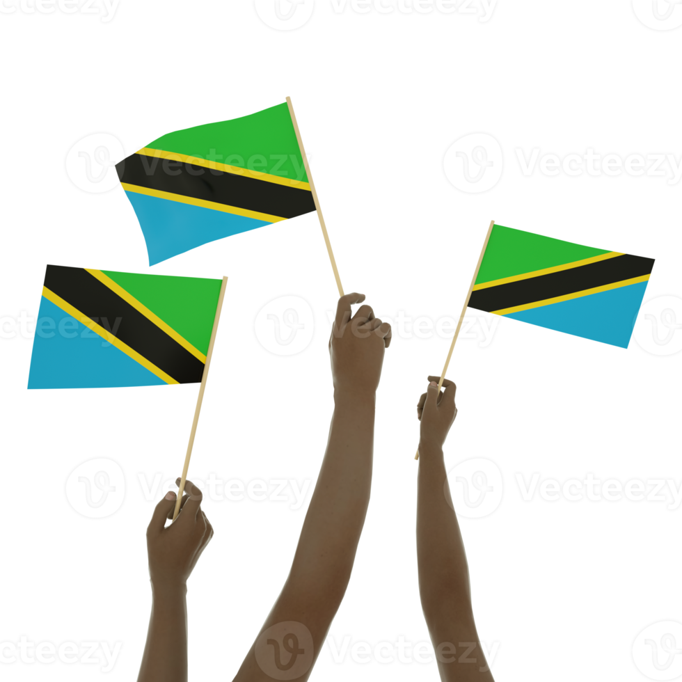 zwart hand- Holding Tanzaniaans vlag, hand- hijs- vlag, hand- verhogen vlag, 3d renderen van reeks van handen Holding vlag geïsoleerd Aan transparant achtergrond png