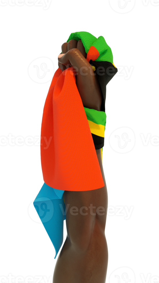 Hand fist holding Tanzanian flag. Hand lifted and grabbing flag isolated on transparent background. 3d rending of Flag wrapped around fist png