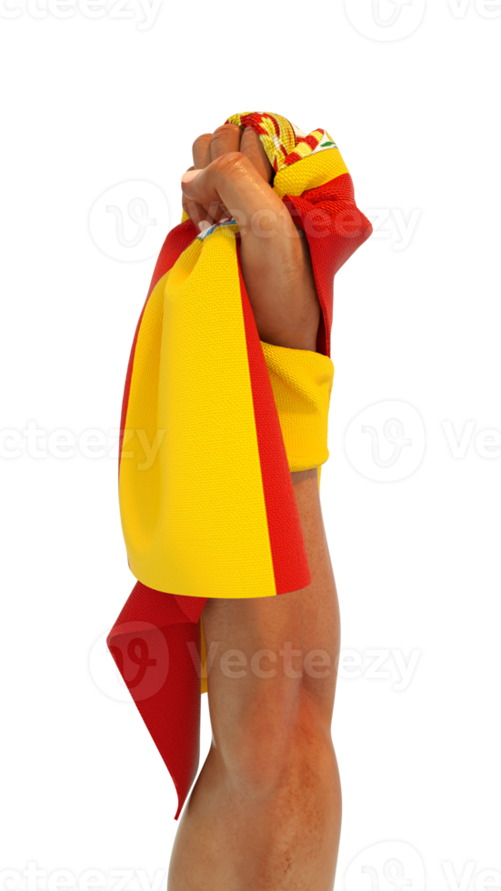 Hand fist holding Spanish flag. Hand lifted and grabbing flag isolated on transparent background. 3d rendering of Flag wrapped around fist png