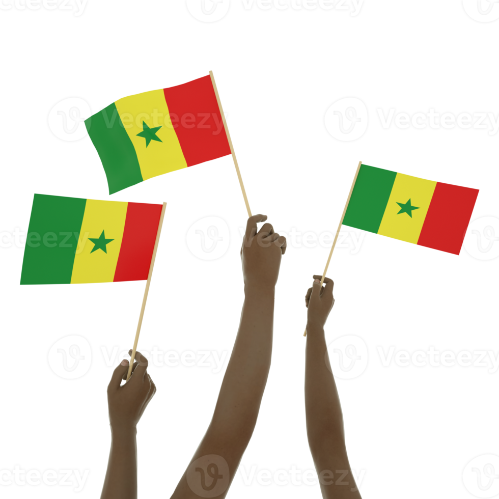 Black hand holding Senegalese flag, Hand lifting flag, Hand raising flag, 3d rendering of set of hands holding flag isolated on transparent background png